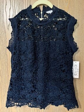 NWT Nanette Lepore Size Medium Dark Navy crochet blouse back zip feminine